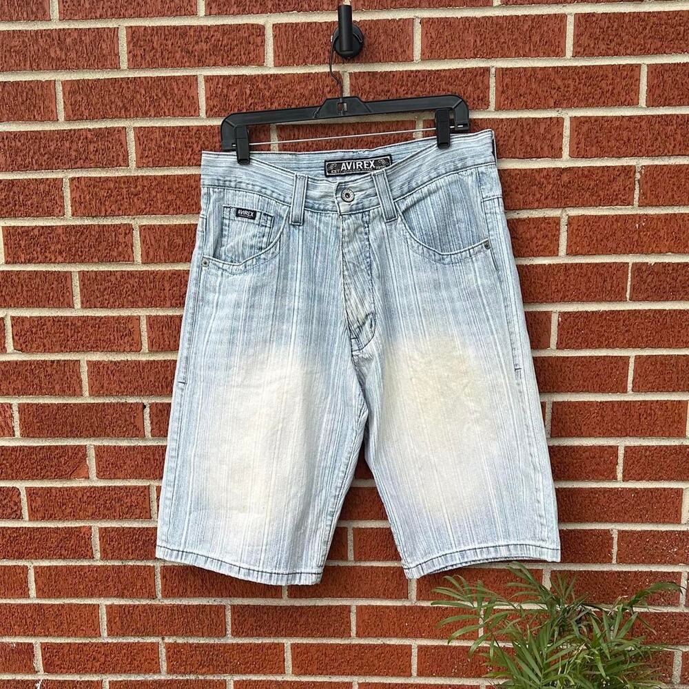 Y2k 2000s avirex unique striped and faded light wash baggy jean shorts